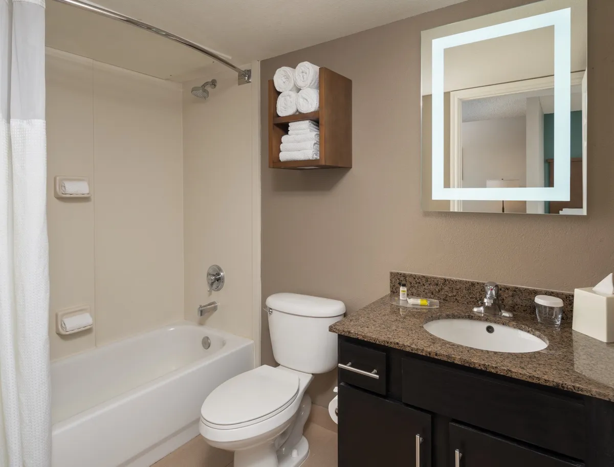 An inviting and tranquil modern bathroom featuring a sleek vanity counter, mirror, plush towels, and a bathtub. The scene suggests a soothing environment perfect for both quick refreshes and long, relaxing baths, with all amenities arranged for ultimate comfort.